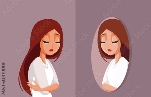 Sad Depressed Woman looking in the Mirror Feeling Anxious Vector Illustration. Unhappy woman suffering from depression and low self esteem problems
