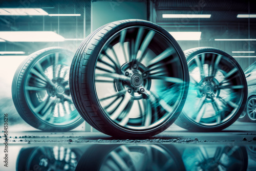 Three wheels at Car tire service background. AI generative © EdNurg