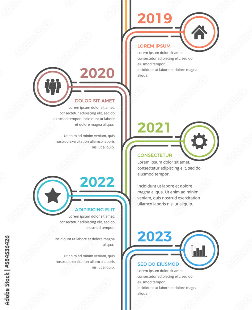 Fototapeta premium Vertical timeline infographics with five elements with icons and text