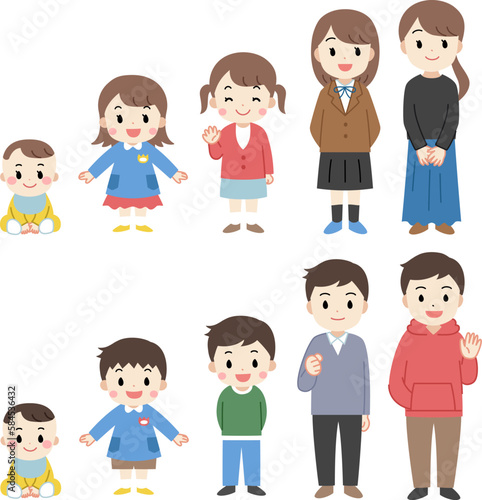 子供から大人への成長過程の全身イラスト　女の子　男の子