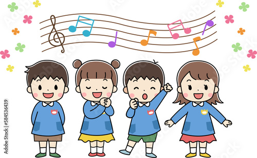 合唱・歌う笑顔の幼稚園・保育園児・子供の全身イラスト　線あり