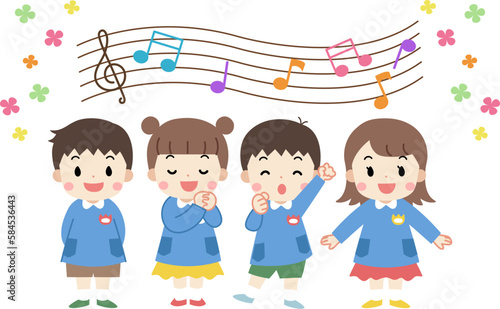 合唱・歌う笑顔の幼稚園・保育園児・子供の全身イラスト　線なし