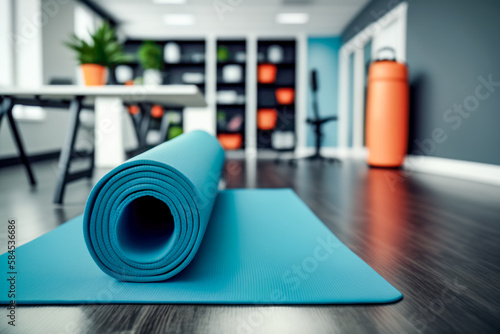 Yoga mat in blurred office background. AI generative