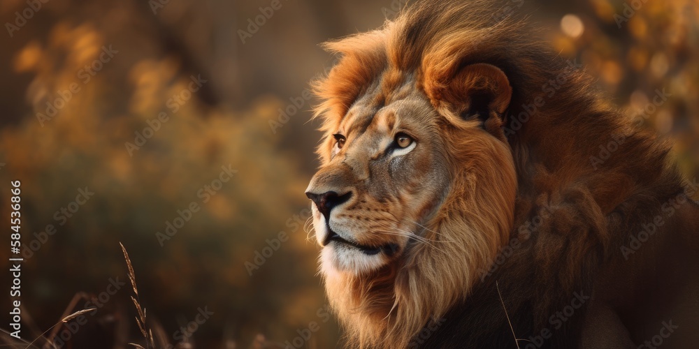 Portrait of a lion in nature. Generative AI image