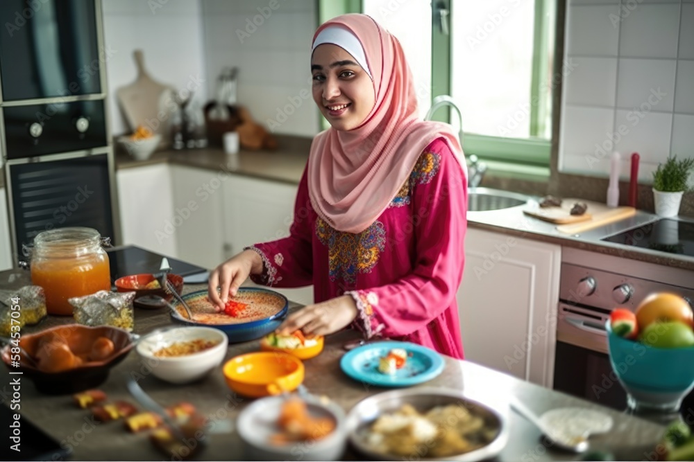 beautiful smiling woman wearing a hijab preparing traditional meal for ramadan, for iftar, for breaking fast,Generative AI beautiful smiling woman wearing a hijab preparing traditional meal for ramadan, for iftar, for breaking fast,Generative AI