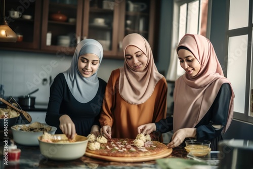 beautiful smiling women wearing a hijab preparing traditional meal for ramadan  for iftar  for breaking fast Generative AI