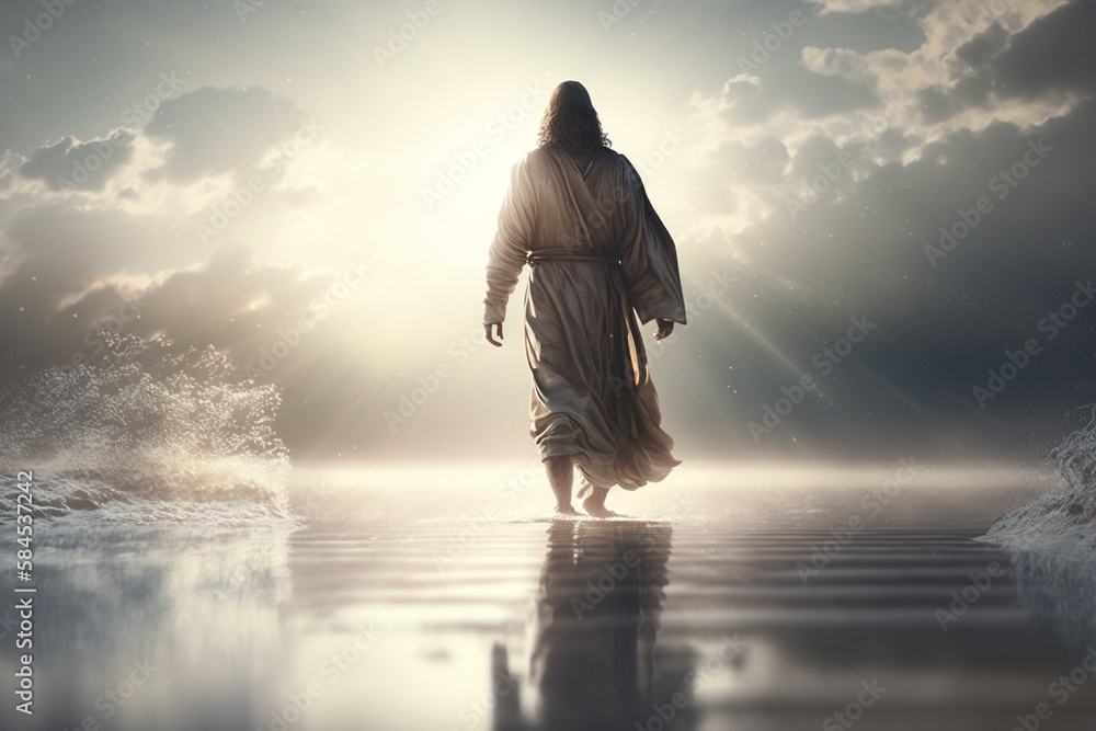 Jesus Christ walks on water. Religious concept . Bible. Faith. Drawing ...