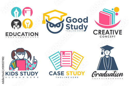 education and learn logo set,university and school book,graduate hat and student .Teaching symbols