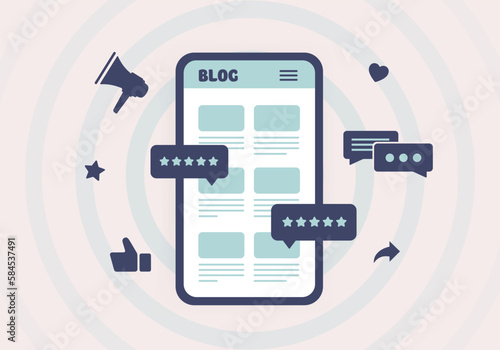 Blog marketing and social media management concept. SMM manager posting commercial blog articles and banners for effective social media marketing and promotion