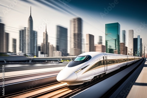 A high-speed bullet train speeding through a modern city skyline: This photo could show a sleek and modern bullet train whizzing past skyscrapers and other urban landmarks. Generative AI