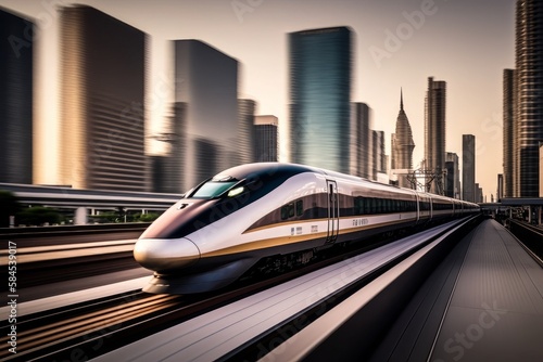 A high-speed bullet train speeding through a modern city skyline: This photo could show a sleek and modern bullet train whizzing past skyscrapers and other urban landmarks. Generative AI photo