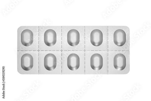 Obraz na plátně Macro shot pile of tablets pill in silver blister packaging isolated on white background