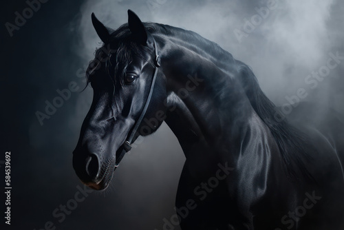 Portrait of black stallion Horse with long mane. Generative AI. © junghc1
