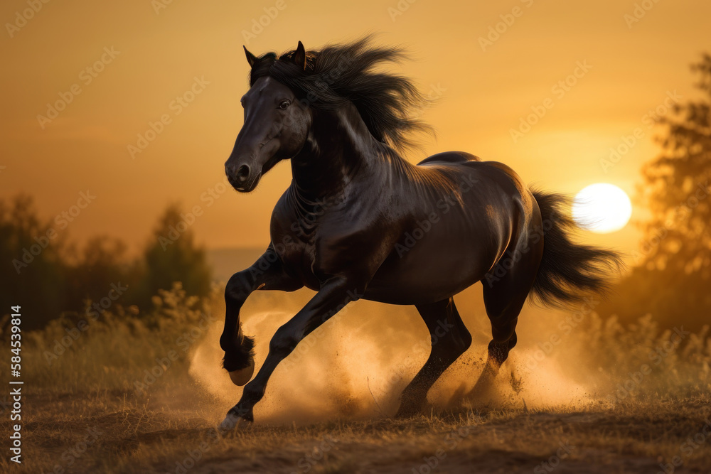 Black stallion horse in sunset running free with mane flowing. Generative AI. Black stallion horse in sunset running free with mane flowing. Generative AI.