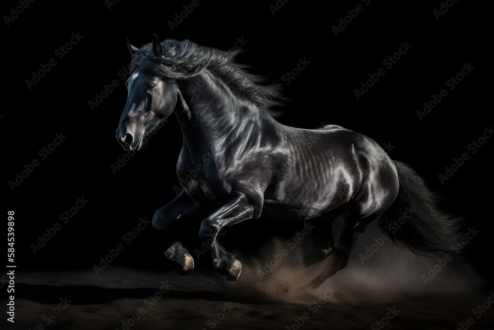 Galloping black stallion horse on dark dust background. Generative AI.