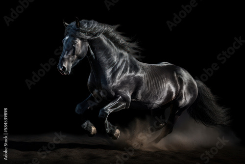 Galloping black stallion horse on dark dust background. Generative AI. © junghc1