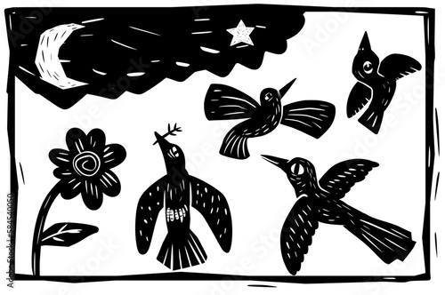 Birds in woodcut style. Separate vectors, like cordel literature.