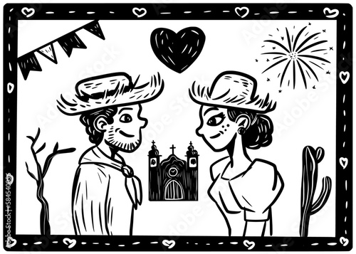Valentine's couple at a Festa Junina. Vector in woodcut and cordel literature style