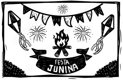 Festa Junina (June celebration). elements alluding to the festivities of the month of June. Typical party in Brazil. Woodcut style and cordel literature.