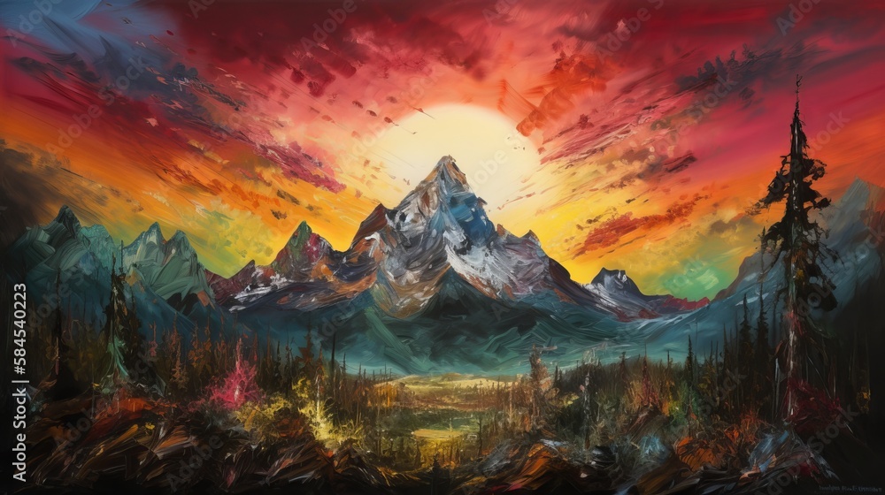 sunset over landscape oil painting with giant snow covered mountain in the background - Generative AI