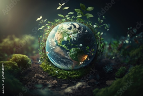 The Earth with Green Plants Around It  Earth Day Concept. Generative Ai.
