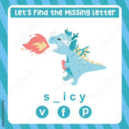 Find the missing letter cute and kawaii baby dragon eating spicy chili worksheet for kids learning insects in English. Educational alphabetic game. Spelling and writing practise page for children. 