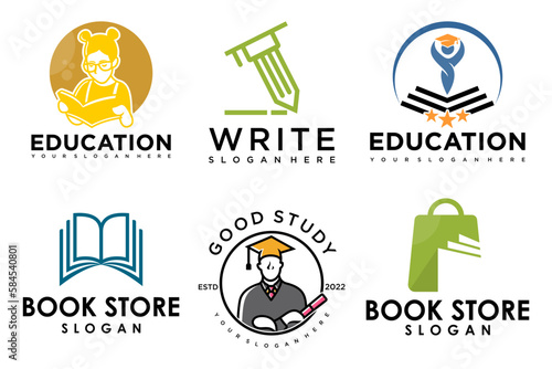 education and learn logo set.school book,graduate hat,pen,book store and student.Teaching symbols