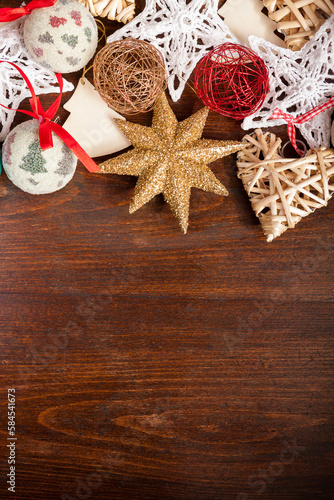 Christmas decoration on wooden background. Studio photo