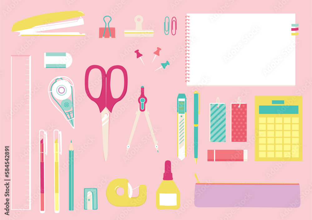 カラフルな文房具のイラストセット