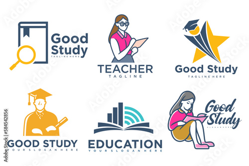 education and learn logo set.school book,graduate hat,book store and student.Teaching symbols