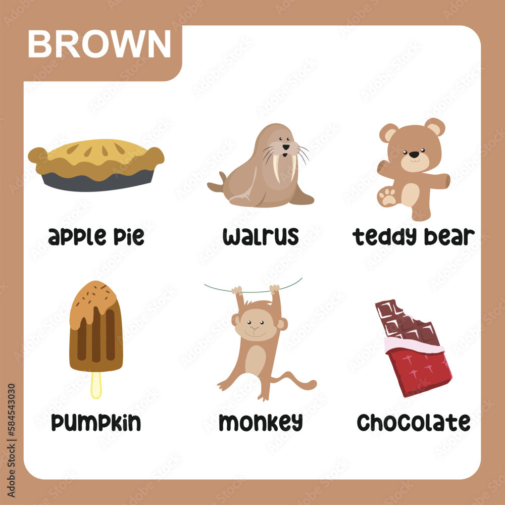 Set of brown color objects. Primary colours flashcard with brown