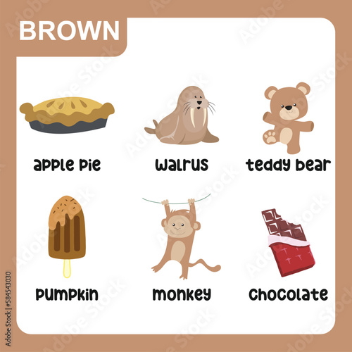 Set of brown color objects. Primary colours flashcard with brown elements. Learning colors for kids. Learning material for toddlers. Vector illustration file.