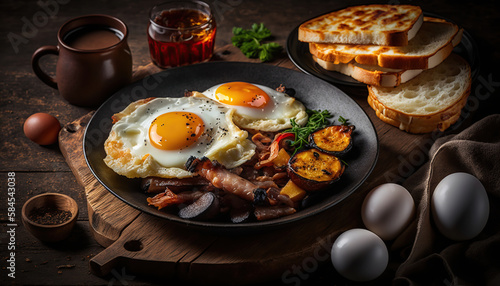 A product photo of fried eggs and bacon and hash browns and black pudding and mushrooms and toast. Generative AI