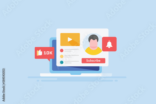 Video subscription channel on laptop screen, social media content attracting more likes, increasing views internet marketing business concept. Vector illustration web banner template.