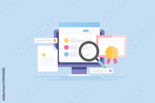 Vector illustration of online education training, e-learning industry and digital certificate program for remote and distance study.