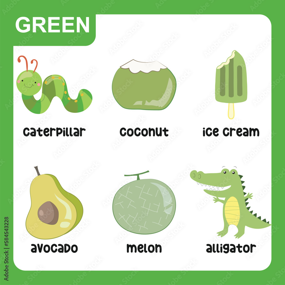 Set of green color objects. Primary colours flashcard with green ...