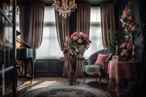 Elegant princess room decorated with roses, Generative AI