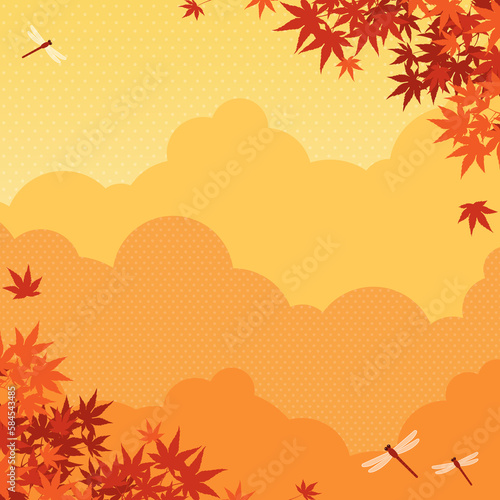 秋の紅葉と赤とんぼの舞う風景 背景素材（正方形）
