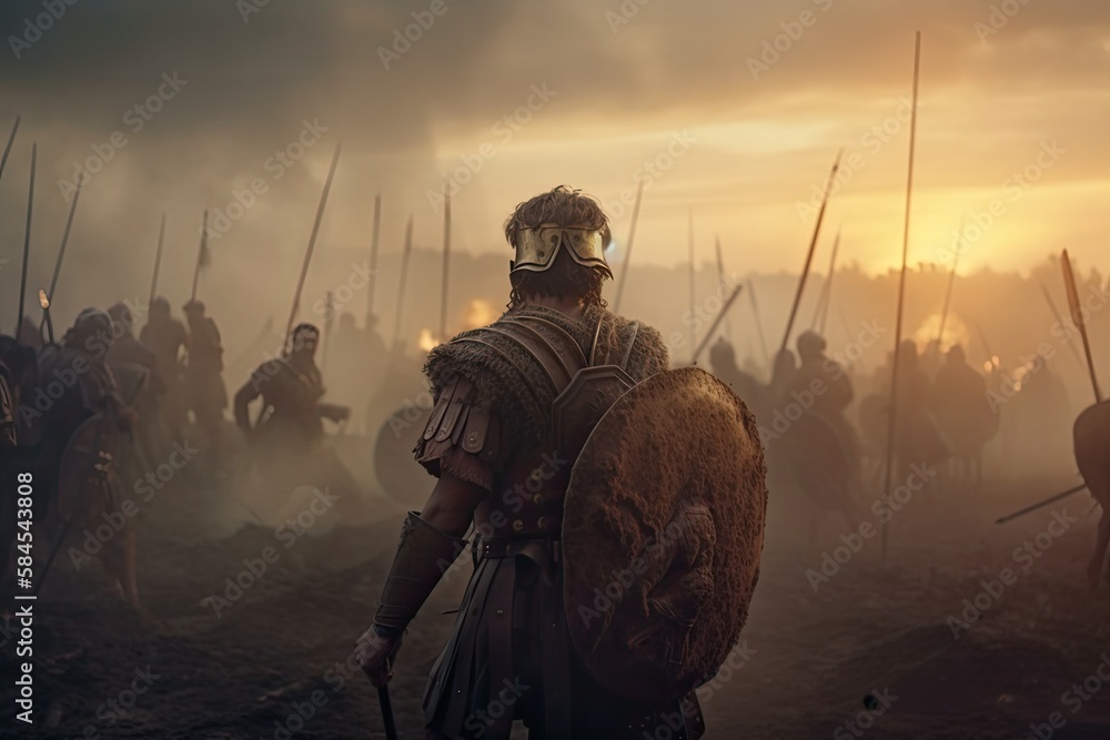 Julius Caesar and his Roman generals and warriors in battle Stock