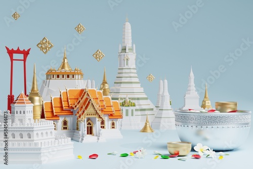Photography 3d Songkran festival background in thailand water festival 3d with with blue water splash,thai architecture