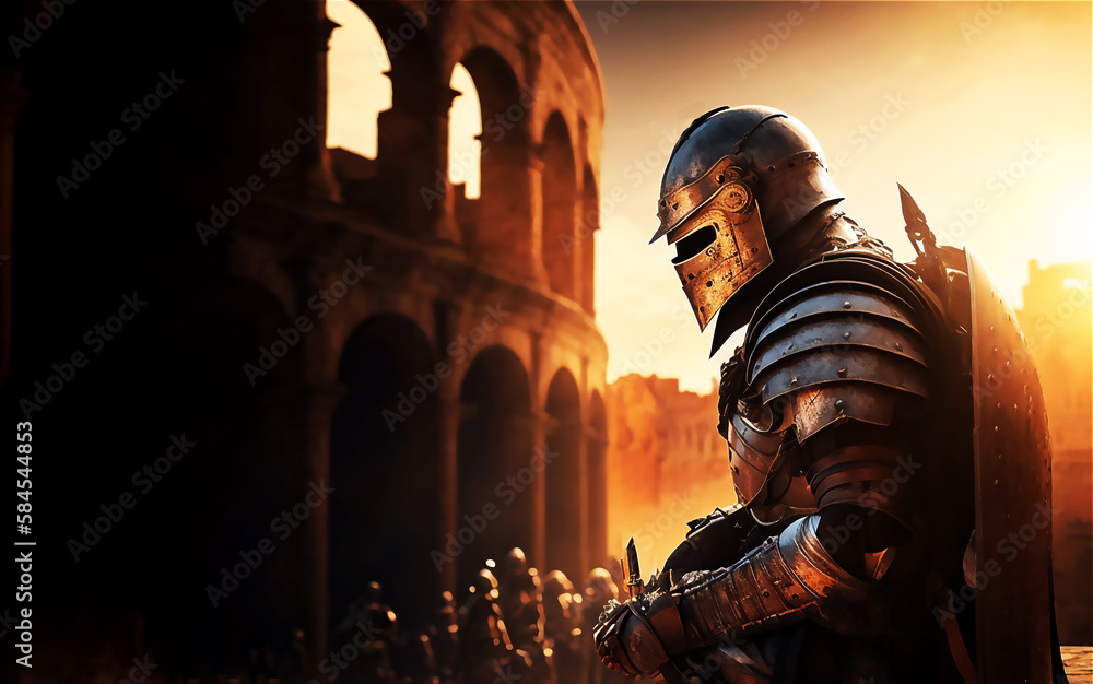 Roman Antique Gladiator or Centurion: Standing in the Ancient Roman Coliseum with Sword and Shield in Hand, AI Generated Roman Antique Gladiator or Centurion: Standing in the Ancient Roman Coliseum with Sword and Shield in Hand, AI Generated