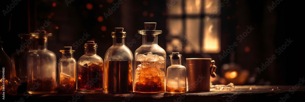 Close-up of apothecary bottles or different herbs, minerals and substances, warm dark room background Close-up of apothecary bottles or different herbs, minerals and substances, warm dark room background