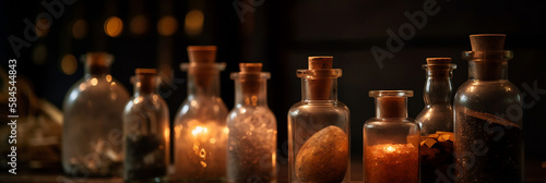 Close-up of apothecary bottles or different herbs, minerals and substances, warm brownish abstract bokoh background