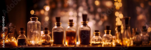 Close-up of apothecary bottles or different herbs, minerals and substances, warm brownish abstract bokoh background