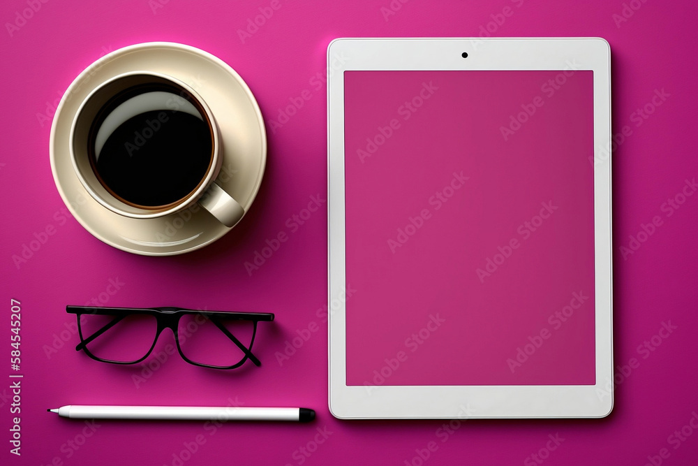 Tablet computer with flowers and stationery on pink background, generative ai Tablet computer with flowers and stationery on pink background, generative ai