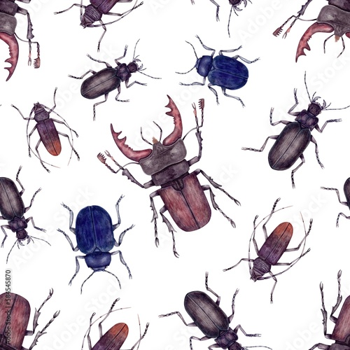 Seamless pattern with watercolor beetles of different shapes and sizes on a white background. Hand-drawn, running insects top view. Design for textiles, packaging, wrapping.
