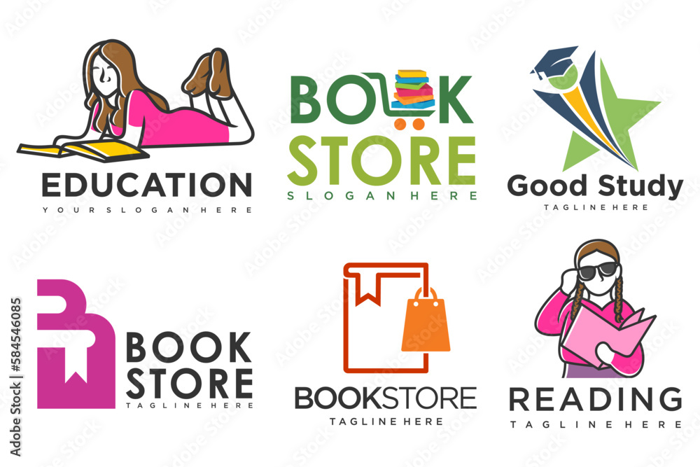 education and learn logo set.school book,graduate hat,book store and student.Teaching symbols