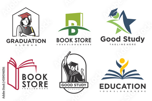 education and learn logo set.school book,graduate hat,book store and student.Teaching symbols