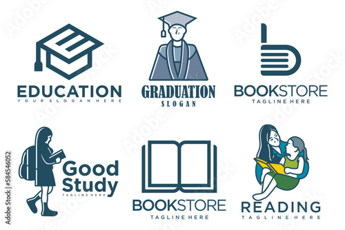 education and learn logo set.school book,graduate hat,book store and student.Teaching symbols