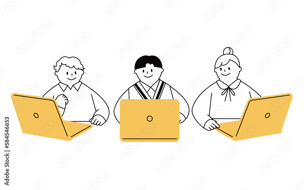 Vector illustration of three kids using a laptop. they are making eye contact.